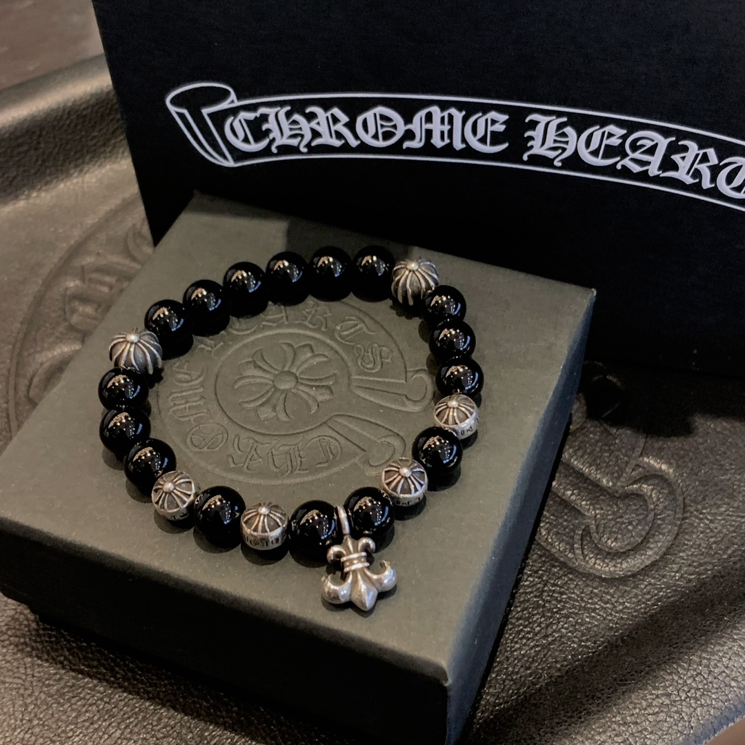 Chrome Hearts 925 실버 블랙 오닉스 비드 팔찌｜8mm